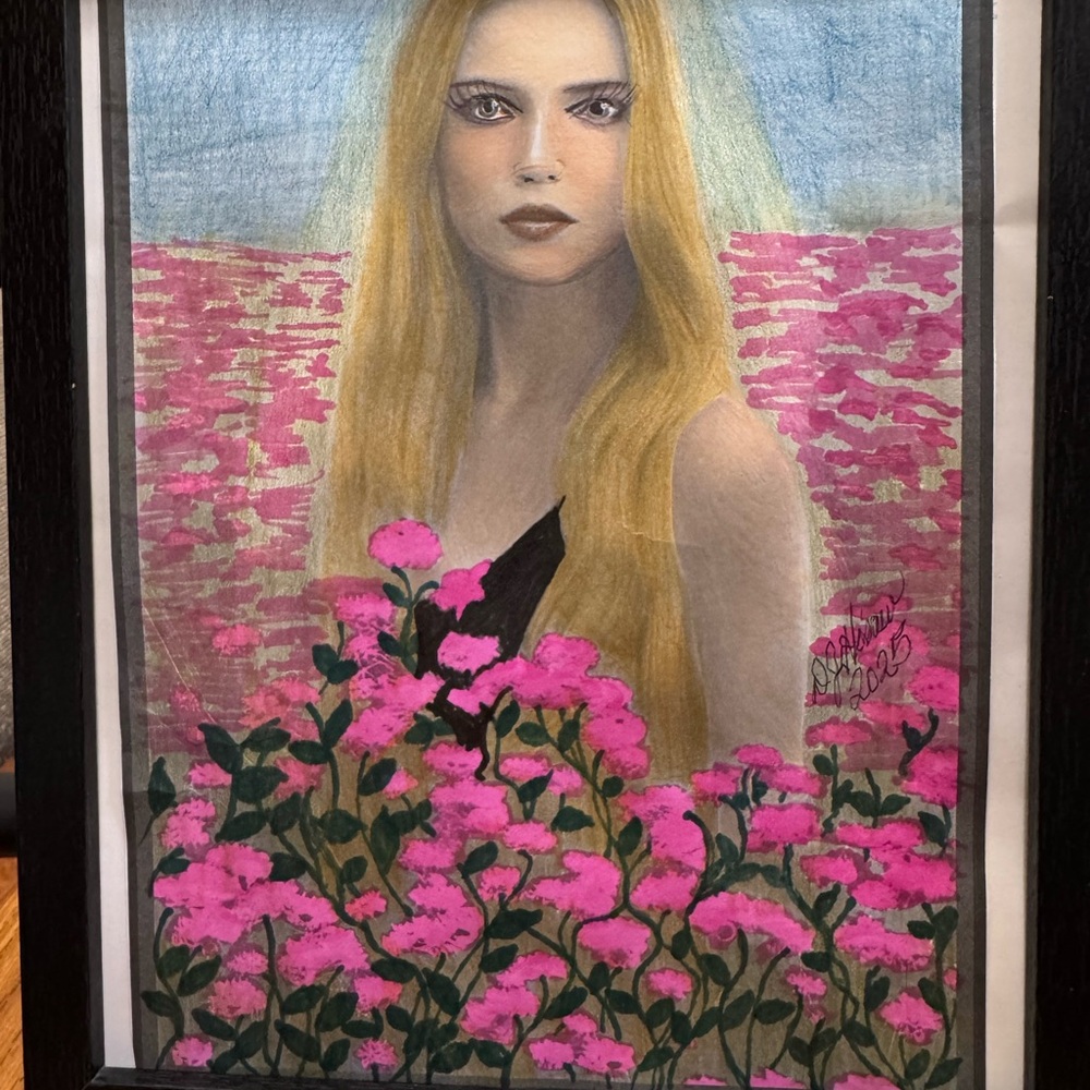Mystical Portrait with Pink Floral Accents
